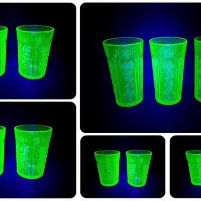 Cabbage Rose Uranium Depression Glass Tumblers (13 Total - Two Different Sizes)