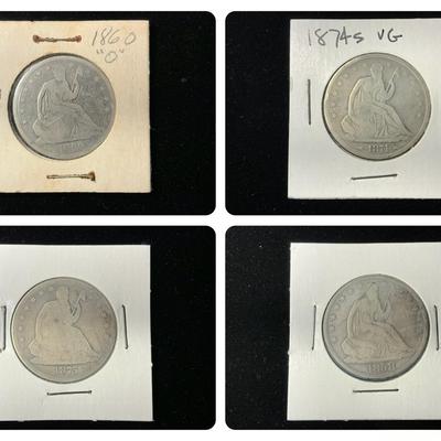 Four Seated Liberty Silver Half-Dollars (1858-O, 1860-O, 1871-S, 1875-CC) (MMC59)