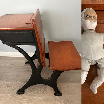 Antique Oak And Iron School Desk