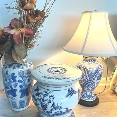 Asian Motif- Lamp, Vase, Stool