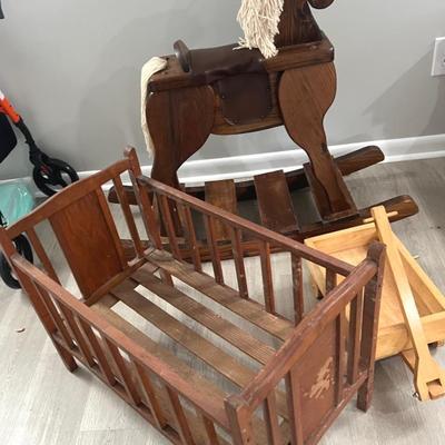 Wood Rocking Horse , Crib & Wagon