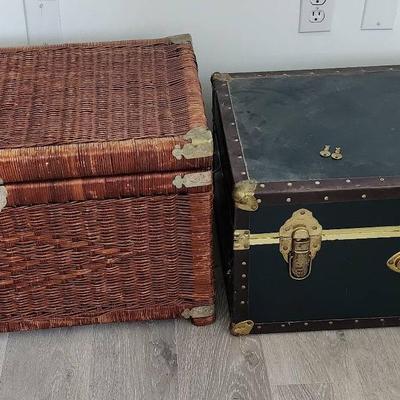 Antique Metal Trunk/Vintage Wicker Chest