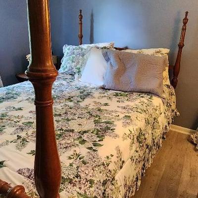 Full Size Walnut Four-Poster Bed Frame, Headboard Foot Board w/ Two Oval Drop Leaf Side Tables