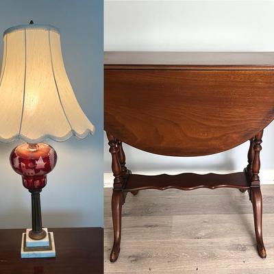 Drop Leaf Table & Bohemian Cranberry Glass Lamp
