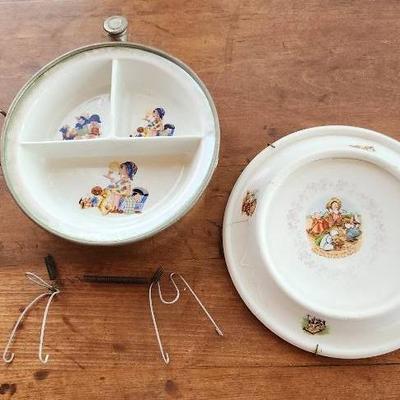 Antique Royal Baby-Plate & Antique G.W. Co. Baby Food Warming Porcelain/Metal Dish