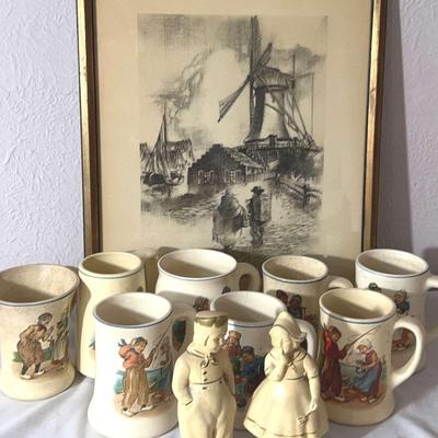 Eight Vintage Roseville Creamware Pottery Mugs, Framed Art & Figurines 