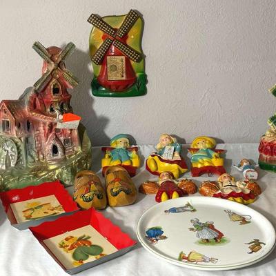 Chalkware Lamp, Dutch Wall Hangings, & Wooden Shoes