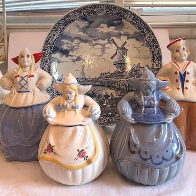 Vintage Pottery Red Wind Dutch Girls Cookie Jars With 15” Windmill Scene Platter By Boch