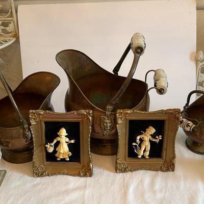 Vintage Copper Coal Scuttles And Ornate Brass And Marble “Dilly” Candle Holder Set