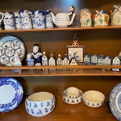 Vintage Delft Blue Hand painted 12” Plate And Row Houses, Bowls And Candy jars 