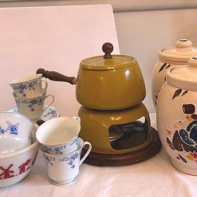 China Garden Dessert, Cups, And Saucers With Vintage Fondue Pot
