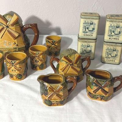 Ceramic Tea Set & Tin Spice Boxes