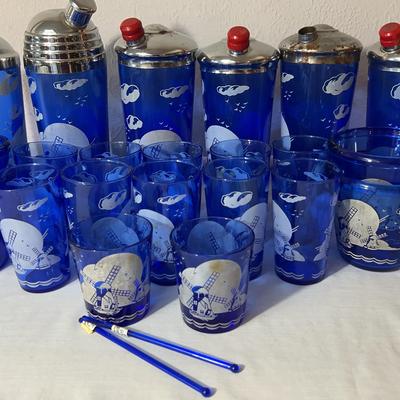 Vintage Cobalt Blue Hazel Atlas Windmill Bar Set #1