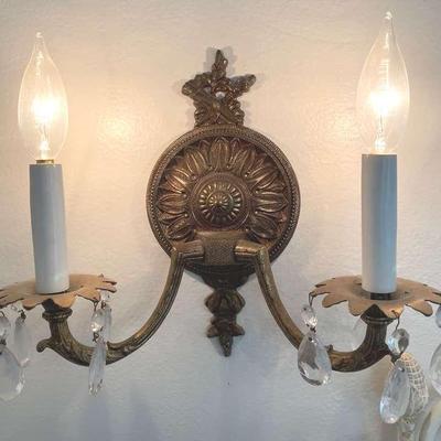 Stunning Vintage French Brass/Crystal Double Arm Wall Sconces 