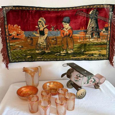 Carnival Glass, Airplane Dispenser, Glasses, & Tapestry