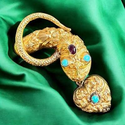 1860 serpent brooch with turquoise garnet