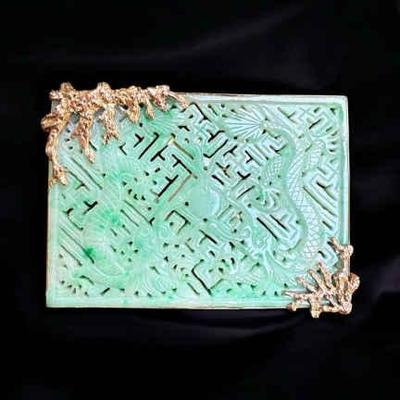 14k gold wrapped carved dragon motif jadeite brooch