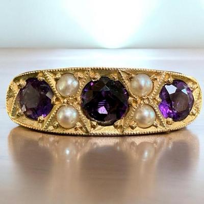 Amethyst seed pearl ring
