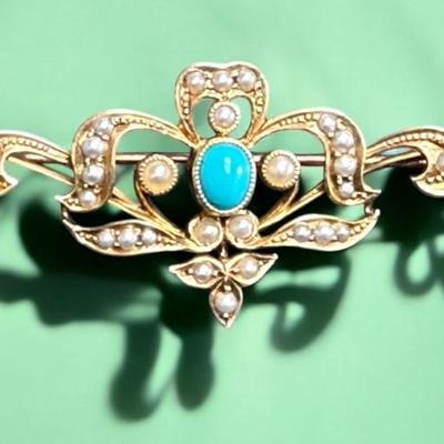 1890 victorian brooch turquoise seed pearl & gold