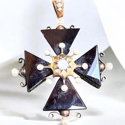 Onyx pearl maltese cross pendant