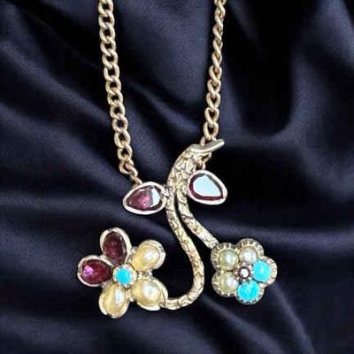 English 1860 turquoise almandine garnet & seed pearl pendant necklace