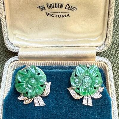 10k gold jade & diamond earrings circa 1940s