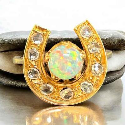 Sheffield opal diamond & 18k gold "lucky horseshoe" ring