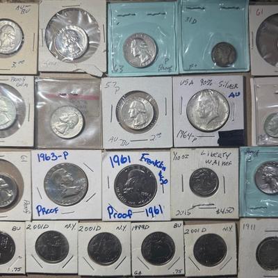 20-Coin Silver & Vintage Lot | Franklin, Kennedy, Mercury & Quarters, 1/10 oz Round, 1911 Nickel”