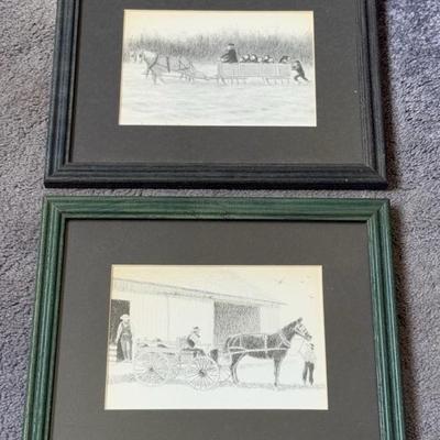 Pair (2) Pencil Drawings Of Amish Life, Framed