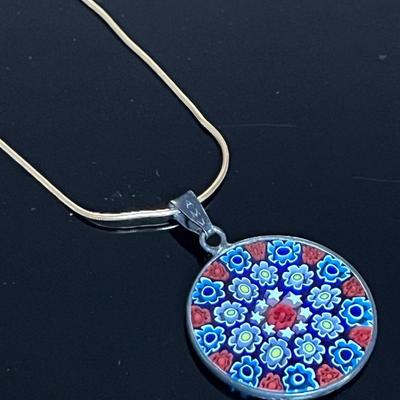 14K Yellow Gold Coil Chain with .925 Sterling Millefleur Enamel Pendant 
