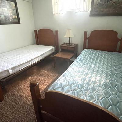 Maple Twin Beds with Tables and Lamp