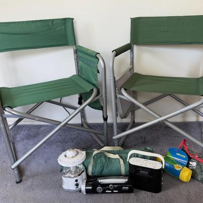 Folding Camp Chairs (2) With Small Popup Tent, Lights, Radio, Ponchos