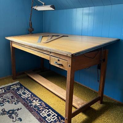 Large Oak Drafting Table, Vintage 