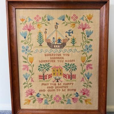 Vintage Framed Cross Stitch Sampler Country Wall Decor 