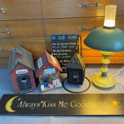 Country Chic Decor With Wood Signs, Houses, Metal Lamp & Shade