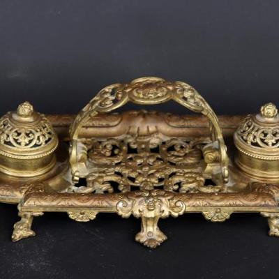Sale Photo Thumbnail #499: Lot 499 continental brass ink stand