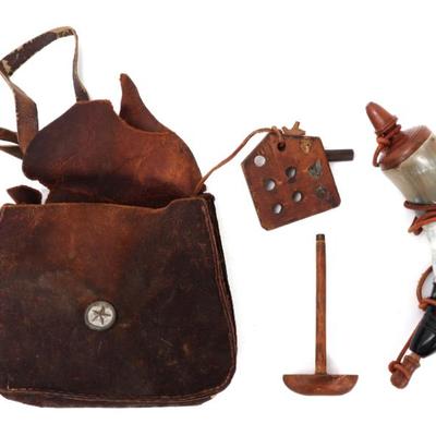Sale Photo Thumbnail #55: Lot 54 civil war leather musket pouch with tools powder horn