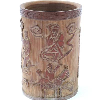 Sale Photo Thumbnail #319: Lot 318 chinese wood brush holder with immortals