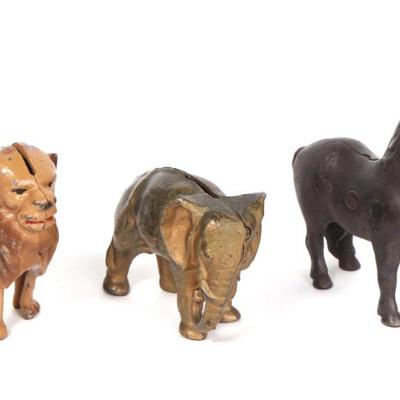 Sale Photo Thumbnail #491: Lot 491 three antique cast iron animal banks
