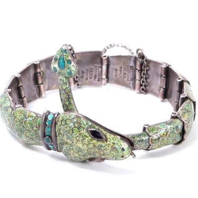 Sale Photo Thumbnail #89: Lot 88 taxco sterling enamel snake bracelet