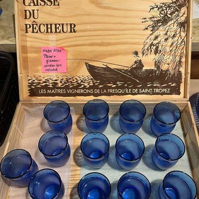 Hazel Atlas Blue Stained Glass Set + Pitcher and Wooden Storage Box