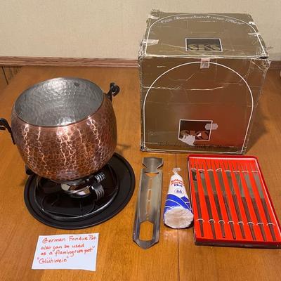 German Hammered Copper Fondue & Flaming Rum Pot Set (Glühwein)