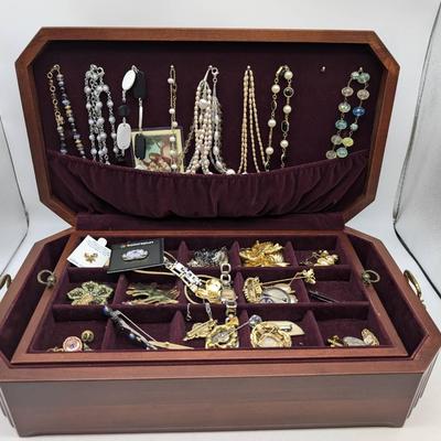 Large Wood Jewelry Box & Contents