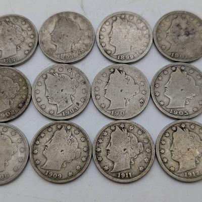 12 Liberty Head V Nickels...1883-1912