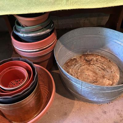 Large Galvanized Pail And Group Of Planters 