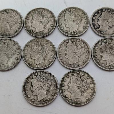 Ten 1883 Liberty Head V Nickels