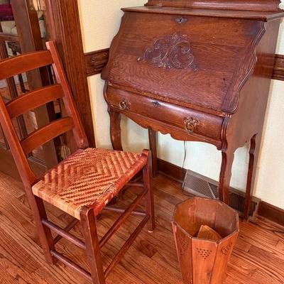 Wooden Desk, Chair And Trash can
