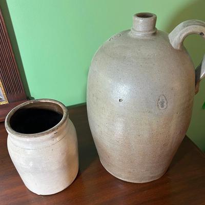 Antique Stoneware 2 Gallon Jug And Small Crock 