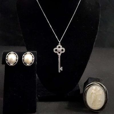 .925 Sterling Key Pendant Necklace With Cameo Brooch and Pearl Earrings