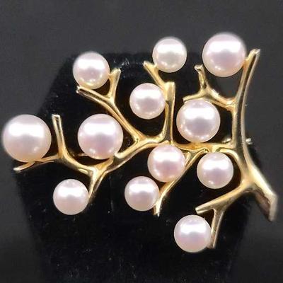 Mikimoto 18K Gold “Tree of Life” Pearl Brooch – Approx. 8.71g